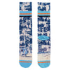 Pair of socks with a blue and white pattern on a white background